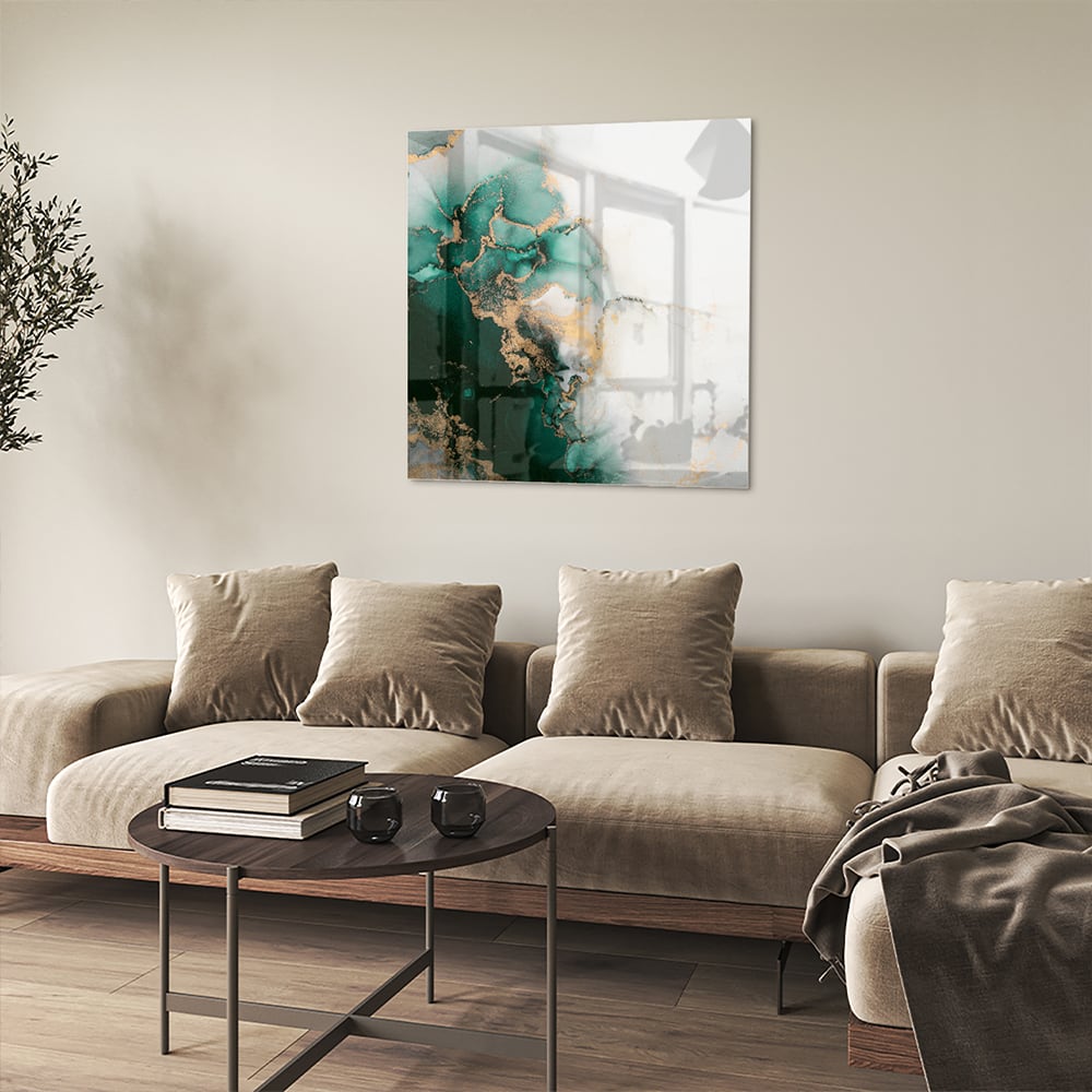 Elegantes Glasbild in grünen Farbtönen – Glasbild aus Sicherheitsglas, Größe 90x90_rond