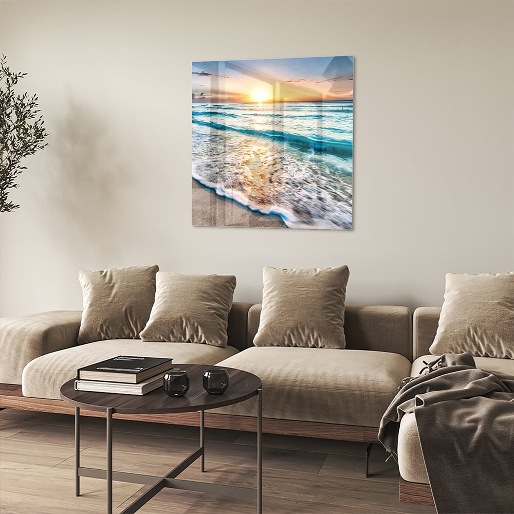Wunderschönes Glasbild mit einem Sonnenuntergang am See – Glasbild aus Sicherheitsglas, Größe 90x90_rond