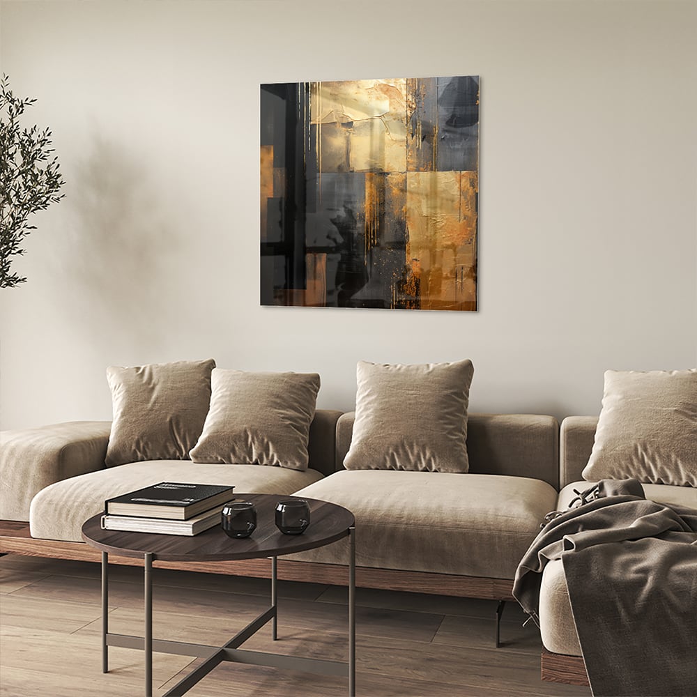 Abstraktes Glasbild in Gold und Schwarz – Glasbild aus Sicherheitsglas, Größe 90x90_rond