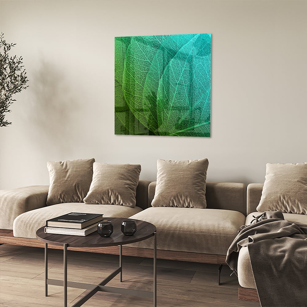 Glasbild mit strukturierter Oberfläche aus grünen Blättern – Glasbild aus Sicherheitsglas, Größe 90x90_rond