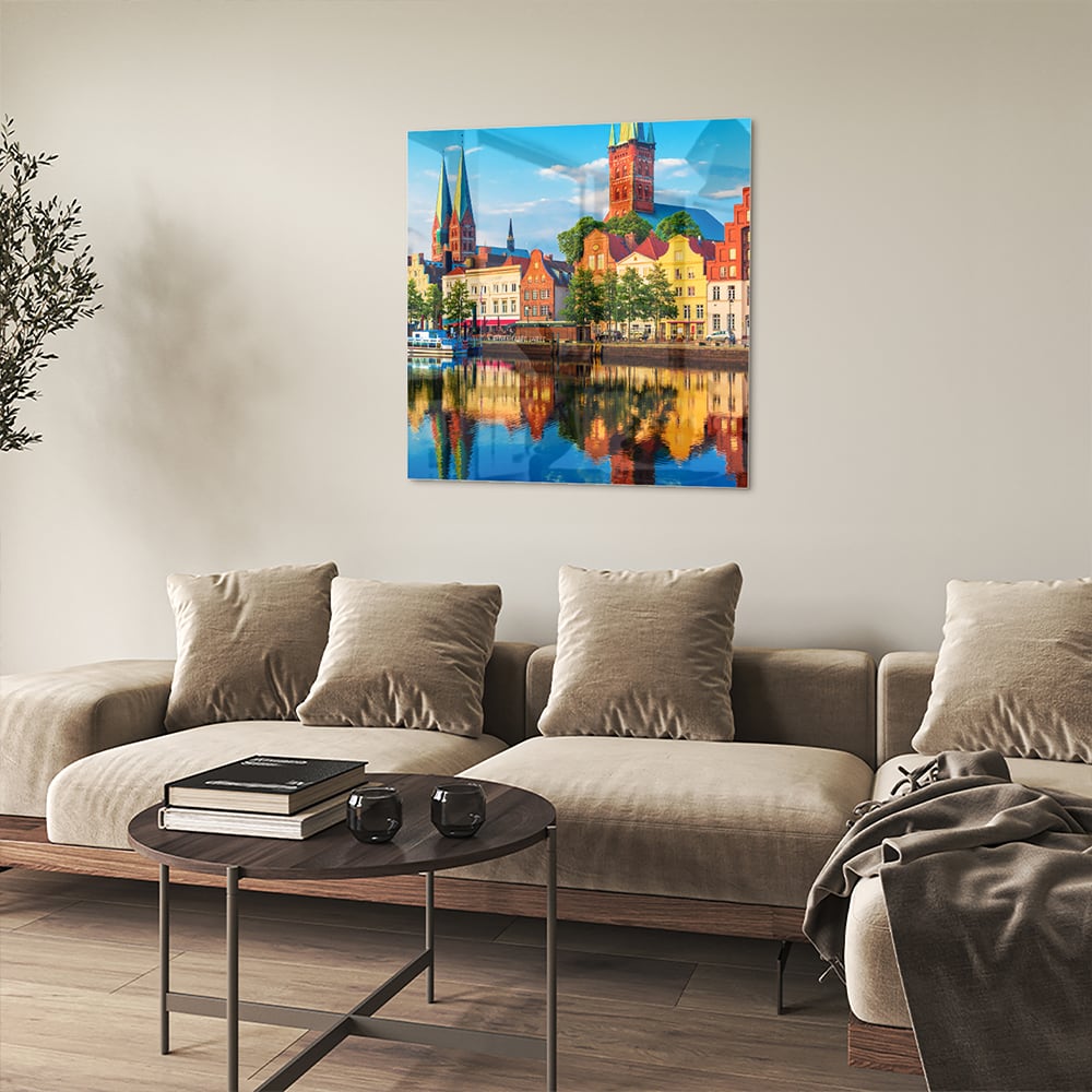 Farbenfrohes Glasbild mit einer Stadtlandschaft – Glasbild aus Sicherheitsglas, Größe 90x90_rond