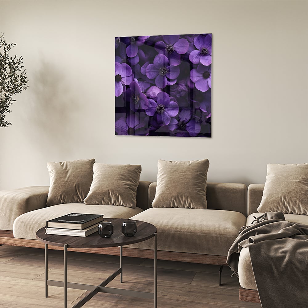 Glasbild mit violetten Blumen für Ihr Interieur – Glasbild aus Sicherheitsglas, Größe 90x90_rond