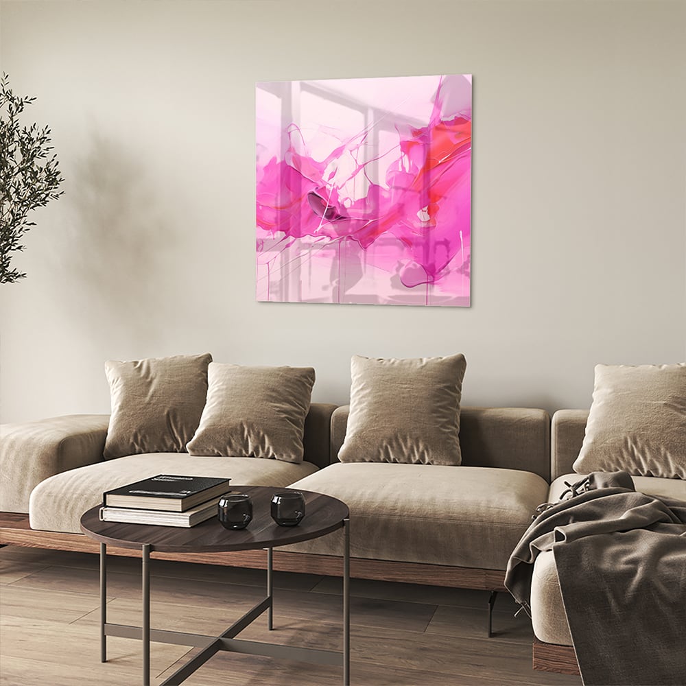 Abstraktes Glasbild in leuchtenden Rosatönen – Glasbild aus Sicherheitsglas, Größe 90x90_rond