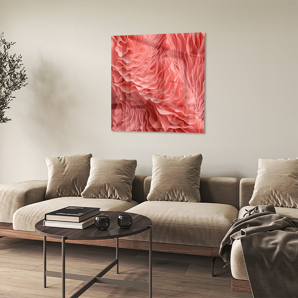 Abstraktes rosa Glasbild mit wellenförmigem Muster – Glasbild aus Sicherheitsglas, Größe 90x90_rond