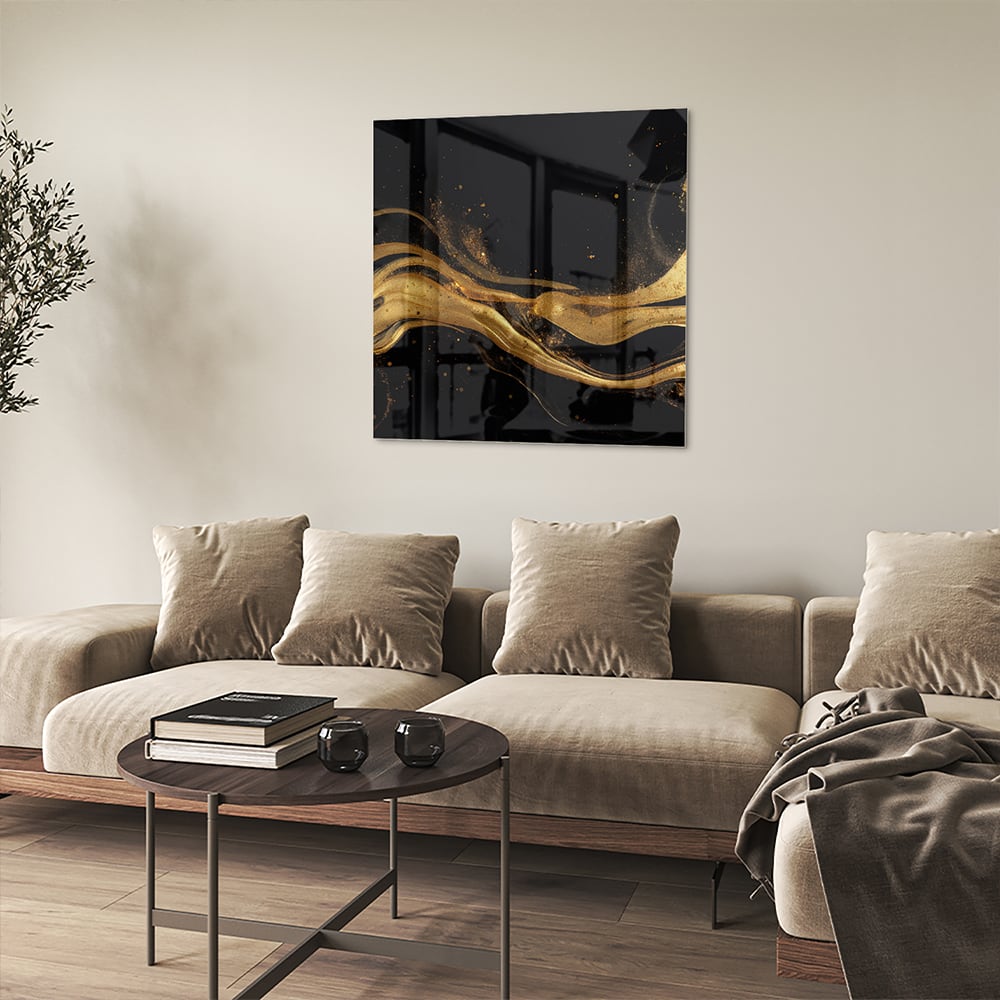 Elegantes Glasbild mit goldenen Linien – Glasbild aus Sicherheitsglas, Größe 90x90_rond