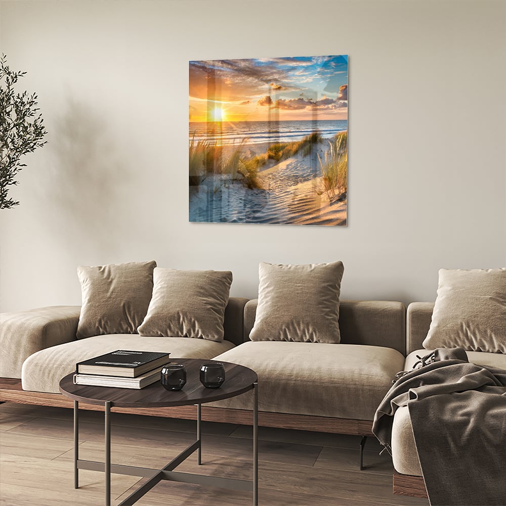 Glasbild – Sonnenuntergang am Strand – Glasbild aus Sicherheitsglas, Größe 90x90_rond