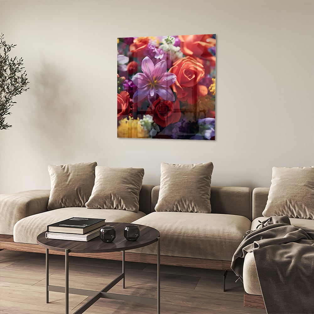 Farbenfrohes Glasbild mit Blütenpracht – Glasbild aus Sicherheitsglas, Größe 90x90_rond
