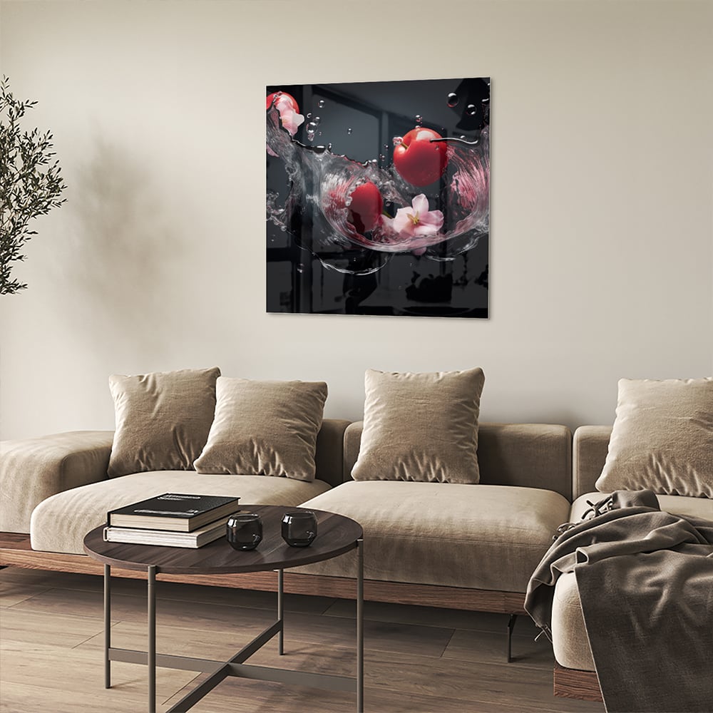 Glasbild mit rosa Blumen und Wassertropfen – Glasbild aus Sicherheitsglas, Größe 90x90_rond