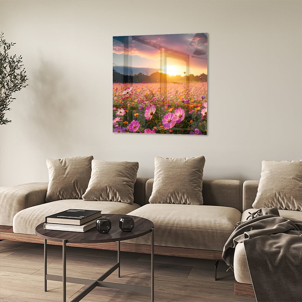 Glasbild – Sonnenuntergang über Blumenfeld – Glasbild aus Sicherheitsglas, Größe 90x90_rond