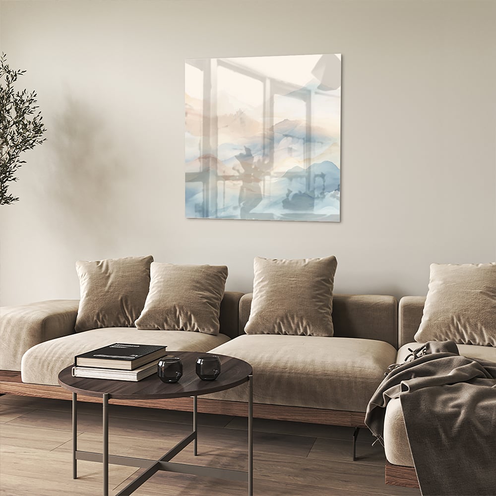 Glasbild mit träumerischer Berglandschaft – Glasbild aus Sicherheitsglas, Größe 90x90_rond