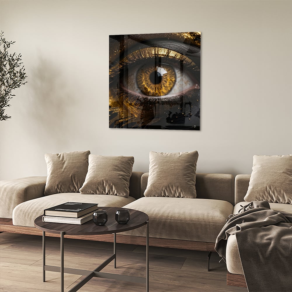 Glasbild Augen-Kunstwerk in Gold und Schwarz – Glasbild aus Sicherheitsglas, Größe 90x90_rond