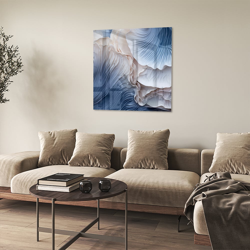 Elegantes Glasbild mit blauen und weißen Mustern – Glasbild aus Sicherheitsglas, Größe 90x90_rond