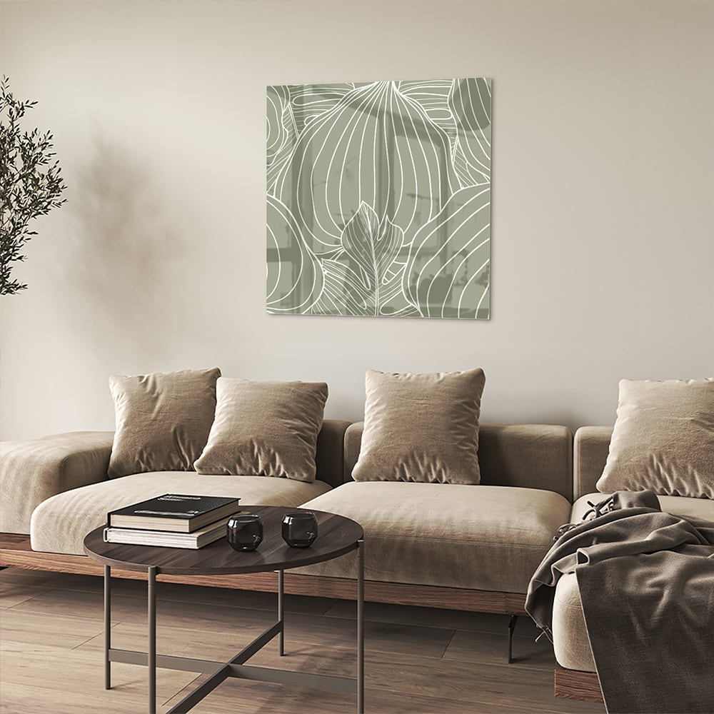 Glasbild mit sanften Linien und Erdtönen – Glasbild aus Sicherheitsglas, Größe 90x90_rond