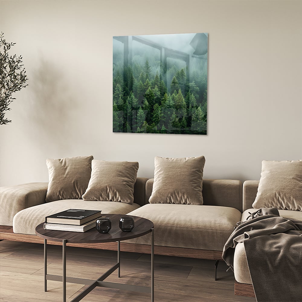 Glasbild mit nebligen Tannenwäldern – Glasbild aus Sicherheitsglas, Größe 90x90_rond
