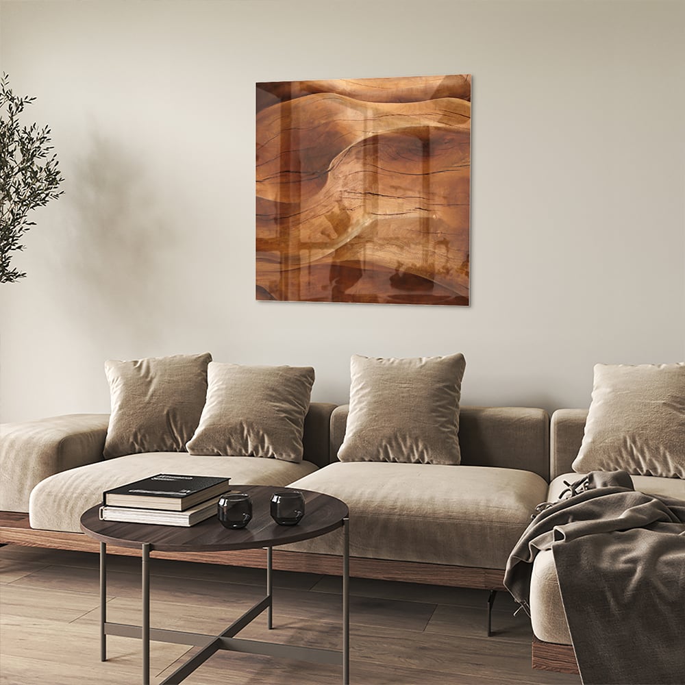 Abstraktes Glasbild mit warmen Holztönen – Glasbild aus Sicherheitsglas, Größe 90x90_rond