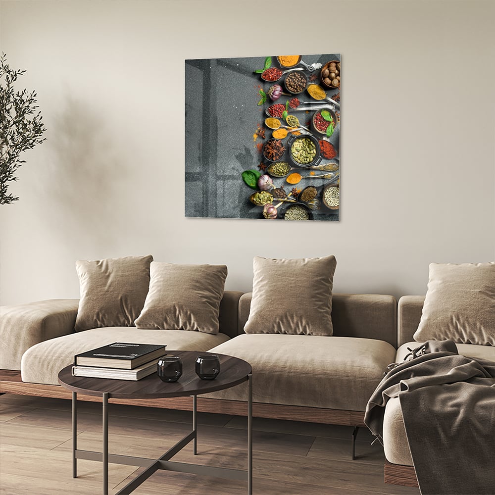 Farbenfrohes Glasbild mit Kräutern und Gewürzen – Glasbild aus Sicherheitsglas, Größe 90x90_rond