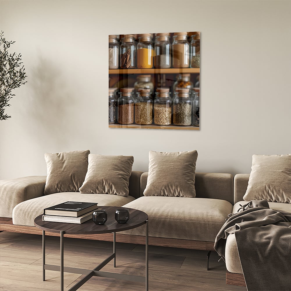 Glasbild mit Gewürzen in Einmachgläsern – Glasbild aus Sicherheitsglas, Größe 90x90_rond