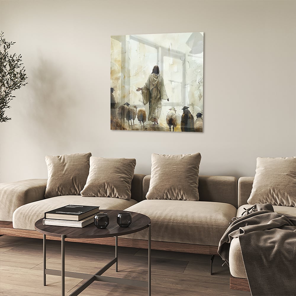 Glasbild mit spirituellem Wegweiser und Schafen – Glasbild aus Sicherheitsglas, Größe 90x90_rond