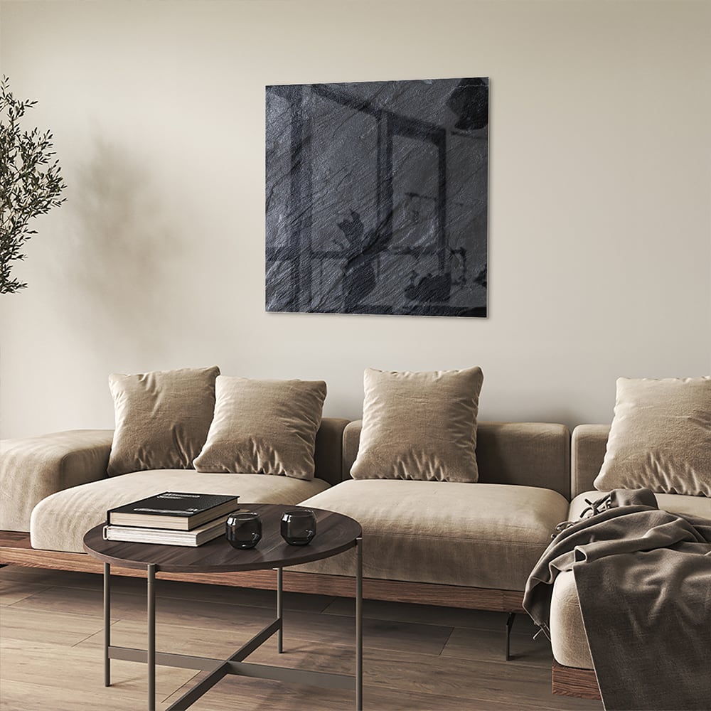Stilvolles Glasbild mit abstrakter Schwarz-Weiß-Textur – Glasbild aus Sicherheitsglas, Größe 90x90_rond
