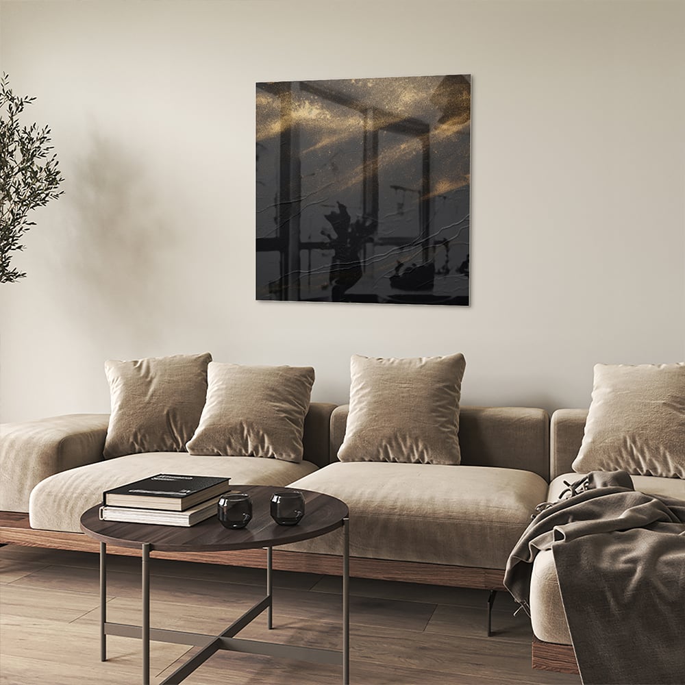 Modernes Glasbild mit goldenen Akzenten – Glasbild aus Sicherheitsglas, Größe 90x90_rond