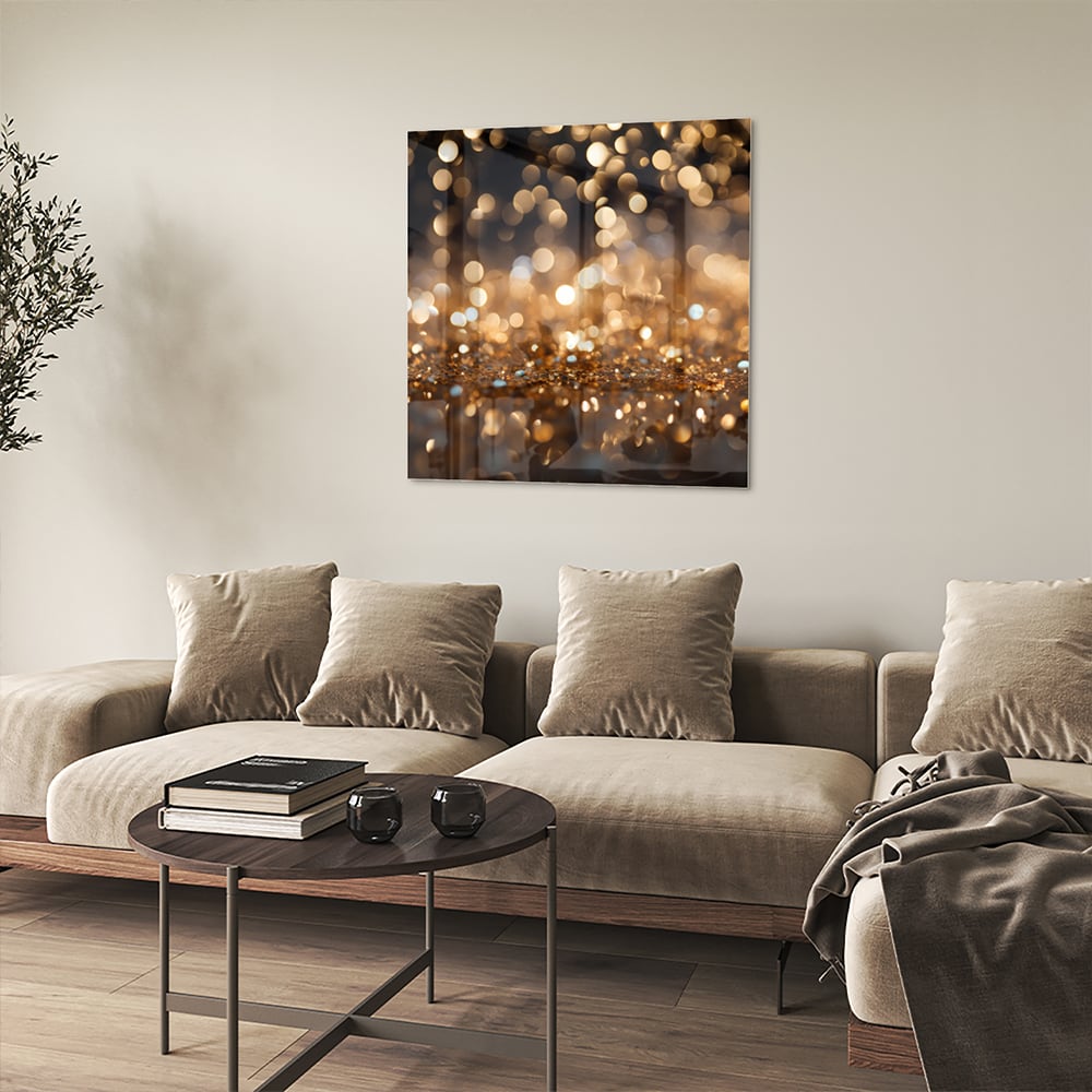 Glasbild mit goldenem Bokeh in moderner Szenerie – Glasbild aus Sicherheitsglas, Größe 90x90_rond