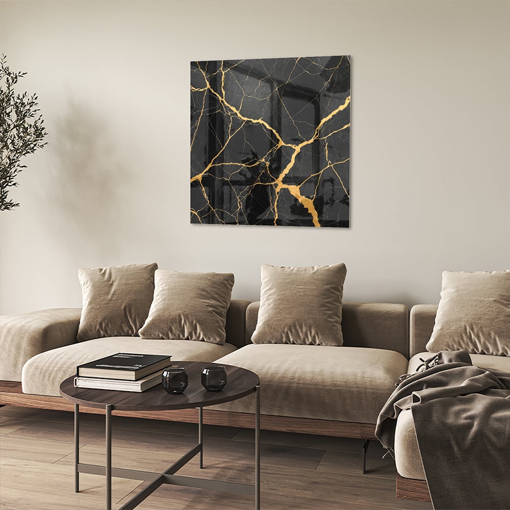 Elegantes Glasbild mit schwarz-goldenem Muster – Glasbild aus Sicherheitsglas, Größe 90x90_rond