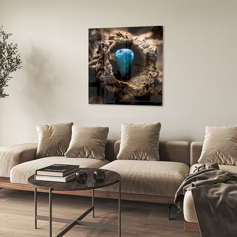 Glasbild mit einer blauen Perle in einem Nest – Glasbild aus Sicherheitsglas, Größe 90x90_rond