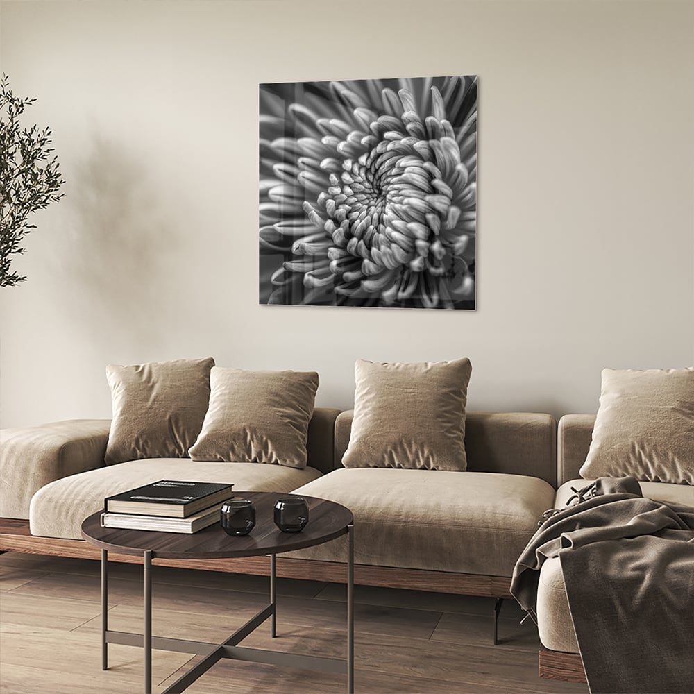 Schwarz-Weiß-Glasbild mit geschwungener Blume – Glasbild aus Sicherheitsglas, Größe 90x90_rond
