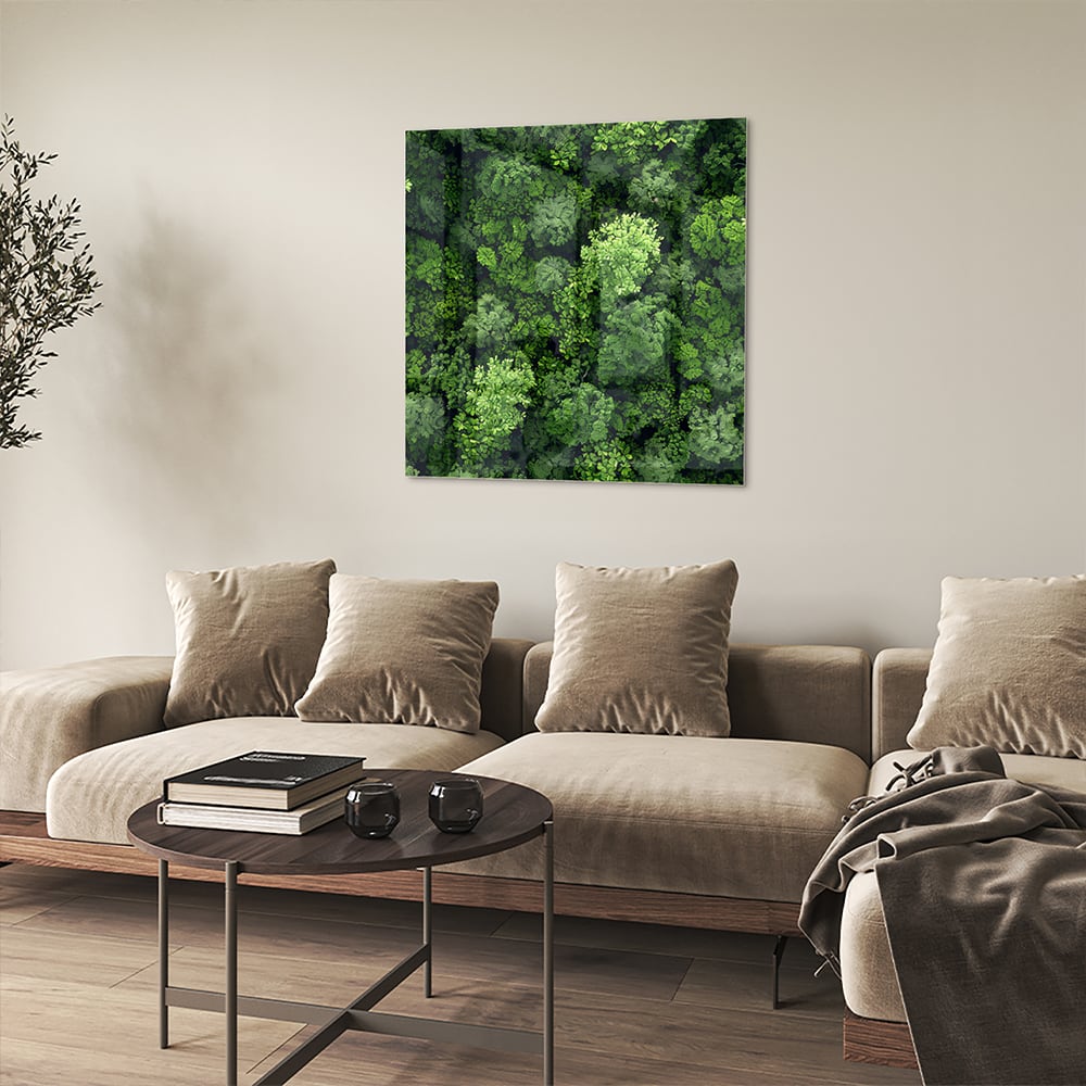 Glasbild mit Himmelsmotiv und üppigem grünen Wald – Glasbild aus Sicherheitsglas, Größe 90x90_rond