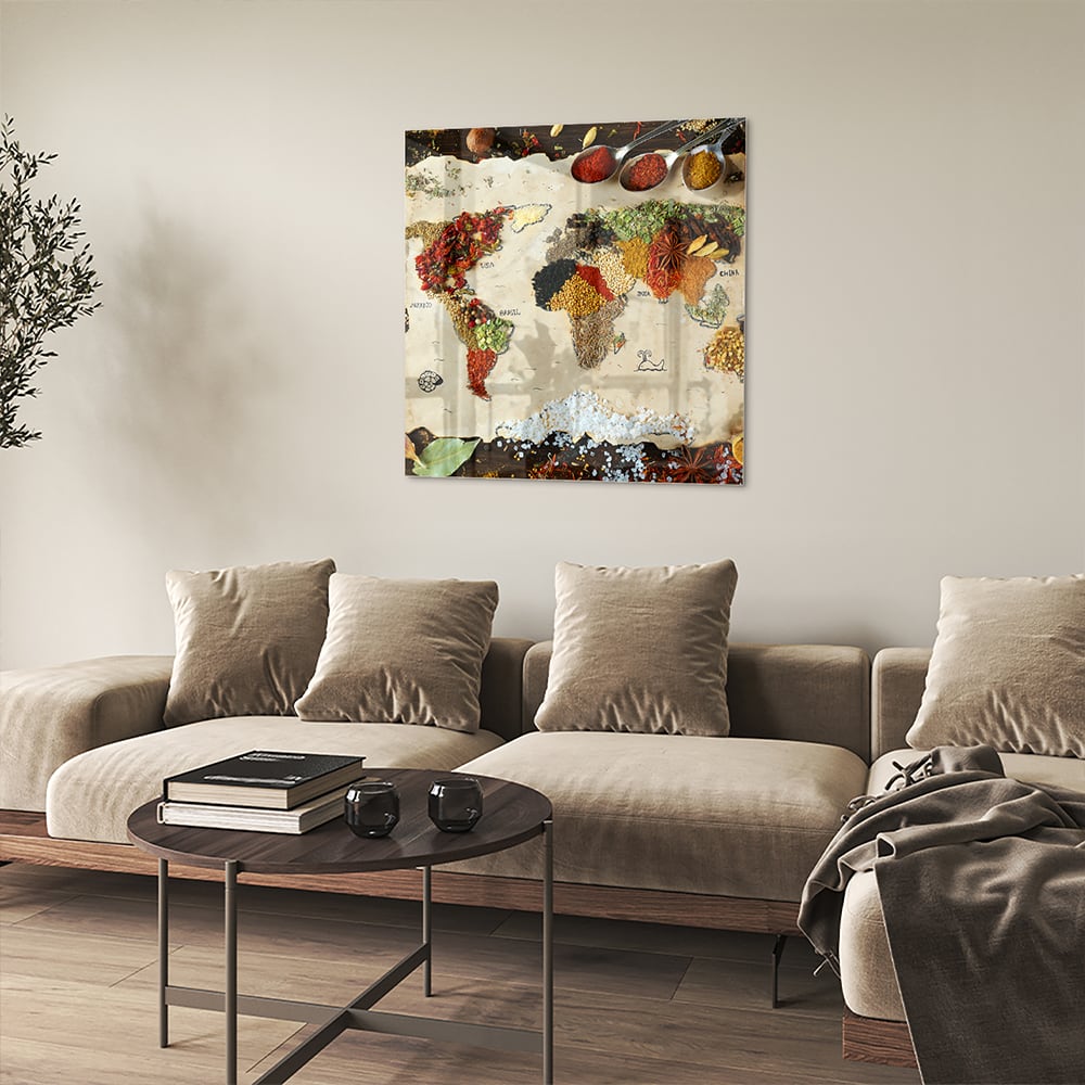 Farbenfrohes Glasbild mit Früchten und Gewürzen – Glasbild aus Sicherheitsglas, Größe 90x90_rond