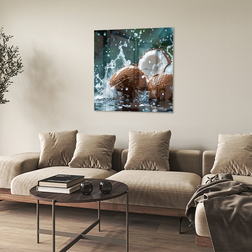 Glasbild Kokosnuss-Trio mit Wasserstrahlen – Glasbild aus Sicherheitsglas, Größe 90x90_rond