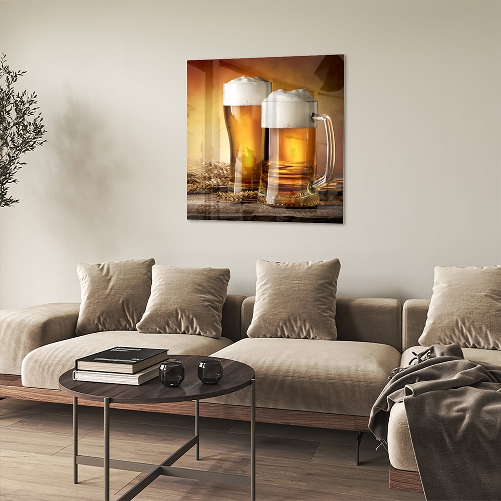 Stilvolles Glasbild mit Bier und Gerste – Glasbild aus Sicherheitsglas, Größe 90x90_rond