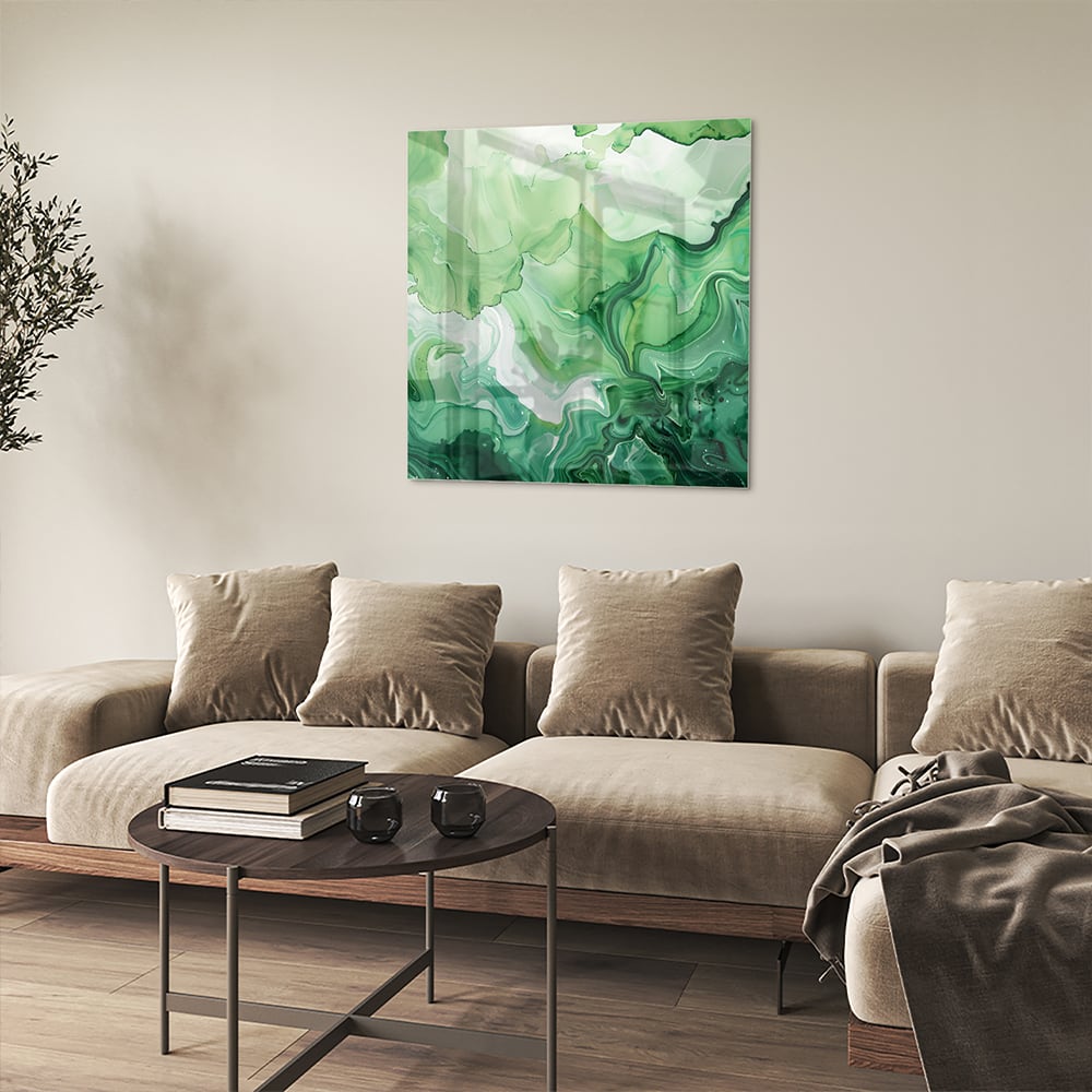 Grünes marmoriertes Glasbild für moderne Innenräume – Glasbild aus Sicherheitsglas, Größe 90x90_rond