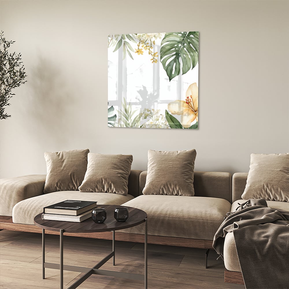 Glasbild mit tropischen Blättern und botanischer Flora – Glasbild aus Sicherheitsglas, Größe 90x90_rond