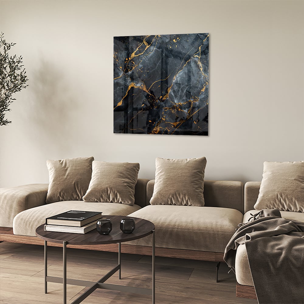 Elegantes Glasbild mit Marmoroptik und goldenen Adern – Glasbild aus Sicherheitsglas, Größe 90x90_rond