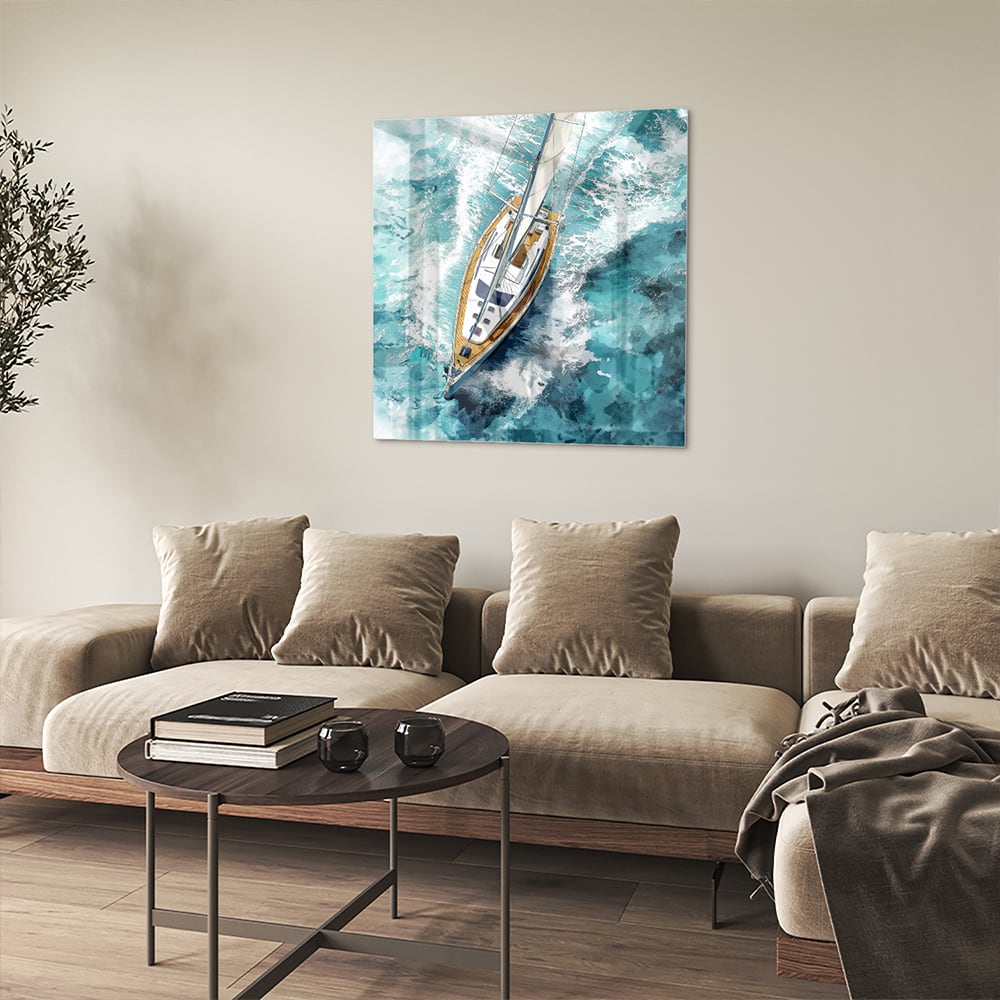 Wunderschönes Glasbild mit einer Yacht auf dem See – Glasbild aus Sicherheitsglas, Größe 90x90_rond