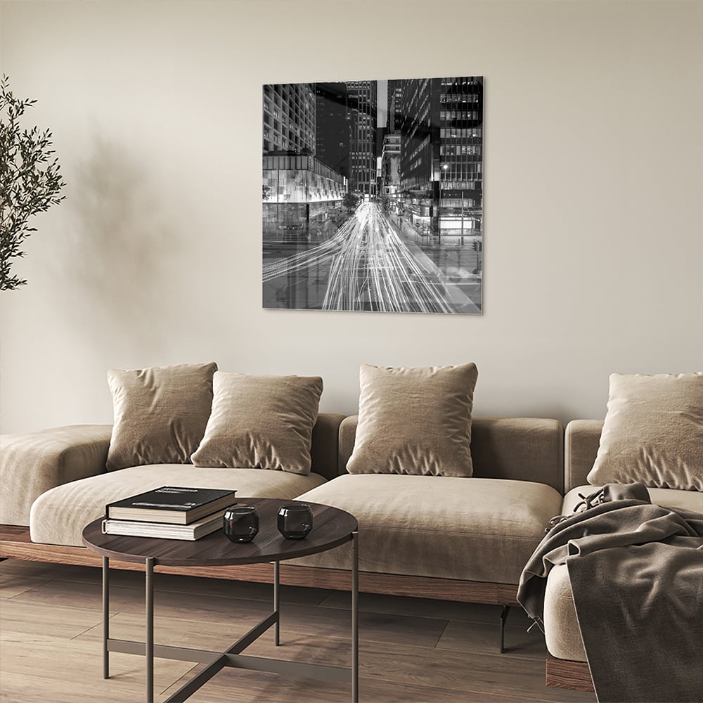 Schwarz-Weiß-Glasbild mit Stadtlichtern – Glasbild aus Sicherheitsglas, Größe 90x90_rond