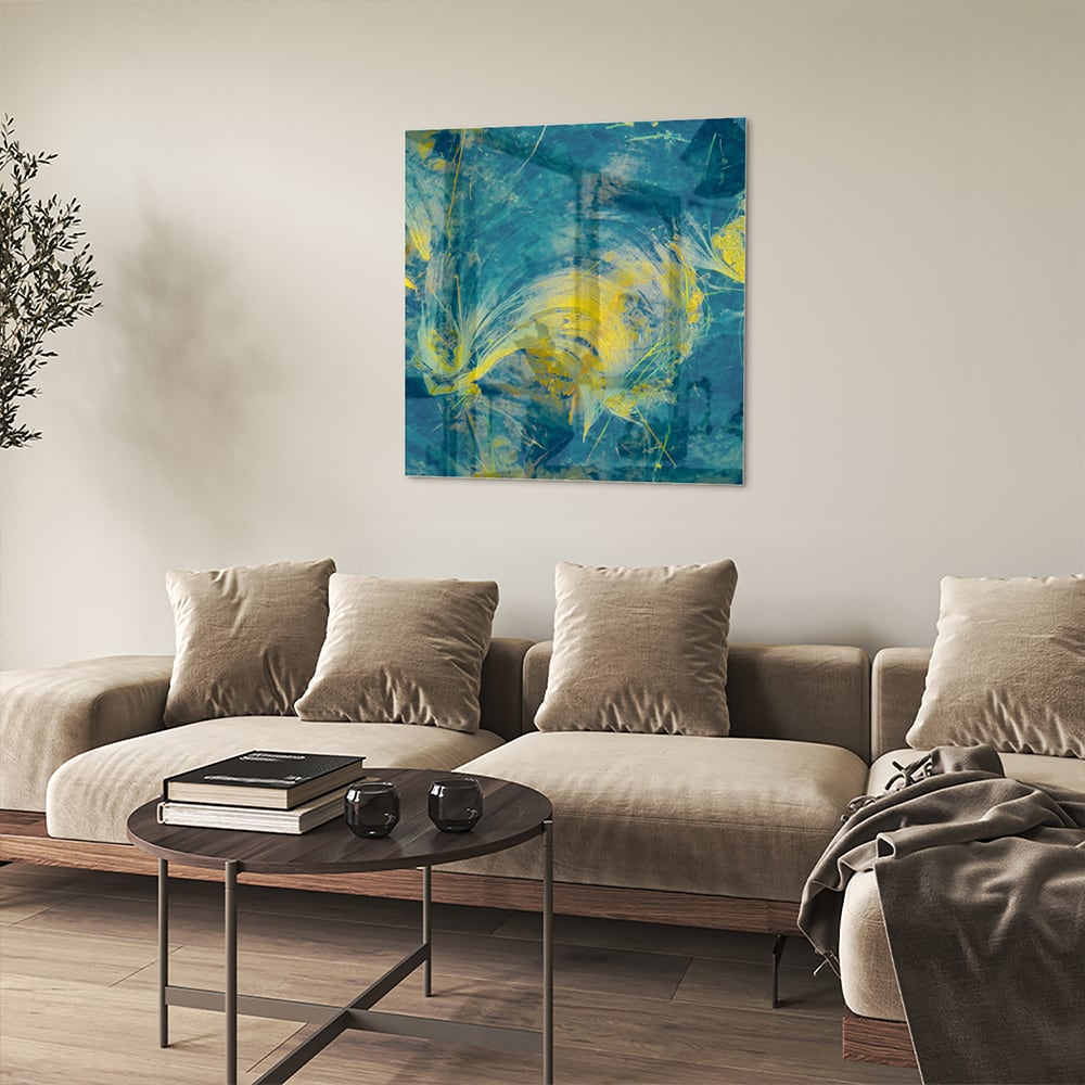 Farbenfrohes Glasbild mit abstraktem blau-gelbem Muster – Glasbild aus Sicherheitsglas, Größe 90x90_rond