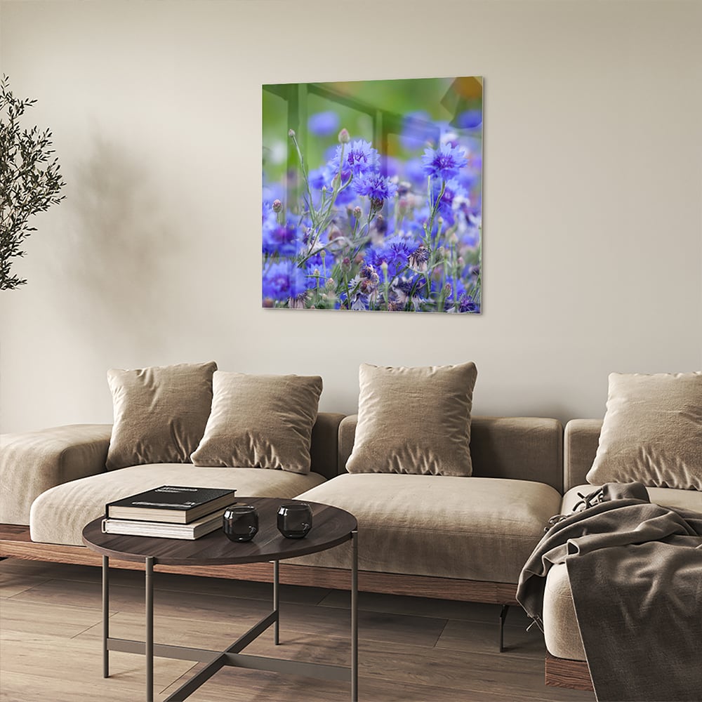 Glasbild mit violetten Blumen in ruhiger Szenerie – Glasbild aus Sicherheitsglas, Größe 90x90_rond