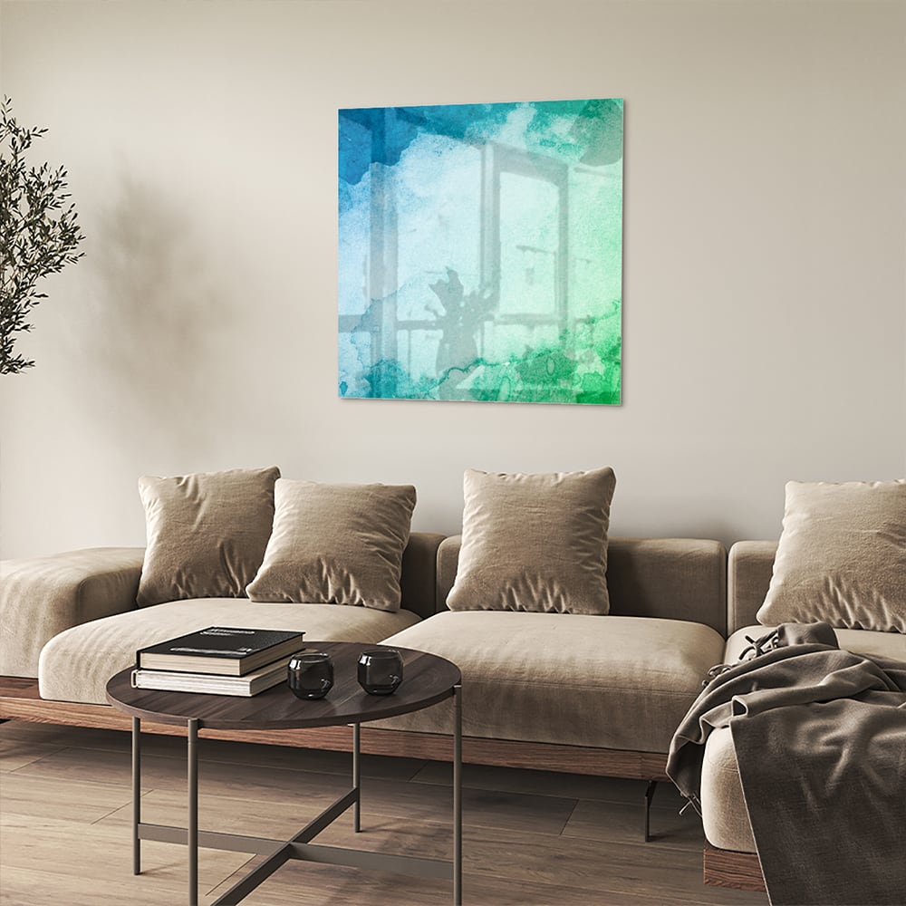 Abstraktes Glasbild in Blau und Grün – Glasbild aus Sicherheitsglas, Größe 90x90_rond