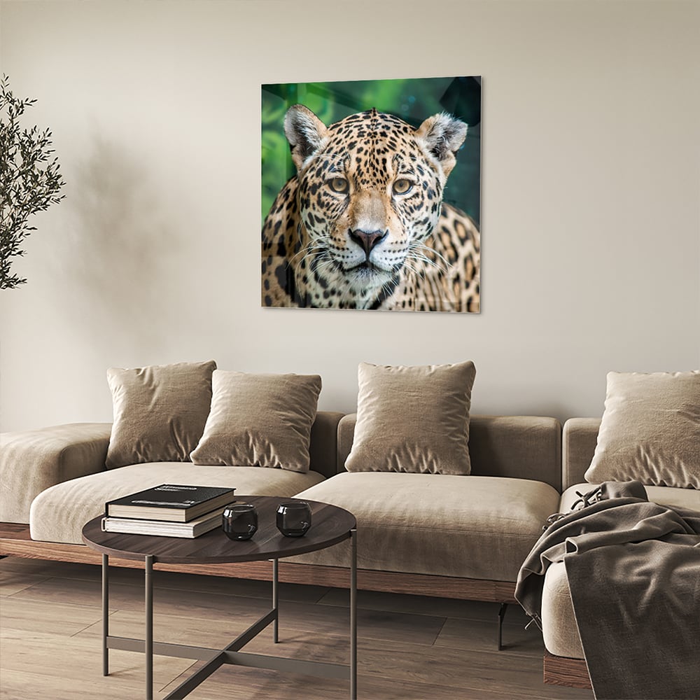 Beeindruckendes Glasbild mit einem Jaguar – Glasbild aus Sicherheitsglas, Größe 90x90_rond