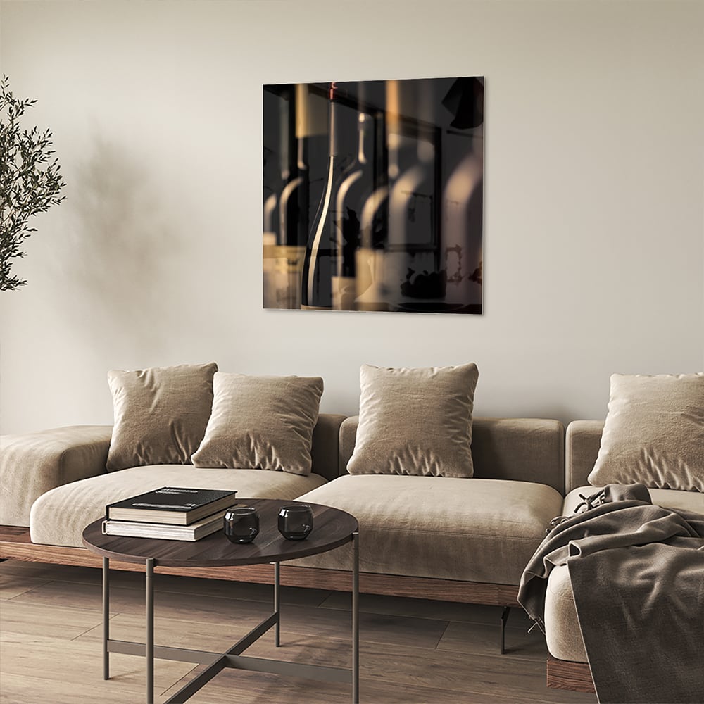 Elegantes Glasbild mit Weinflaschen – Glasbild aus Sicherheitsglas, Größe 90x90_rond