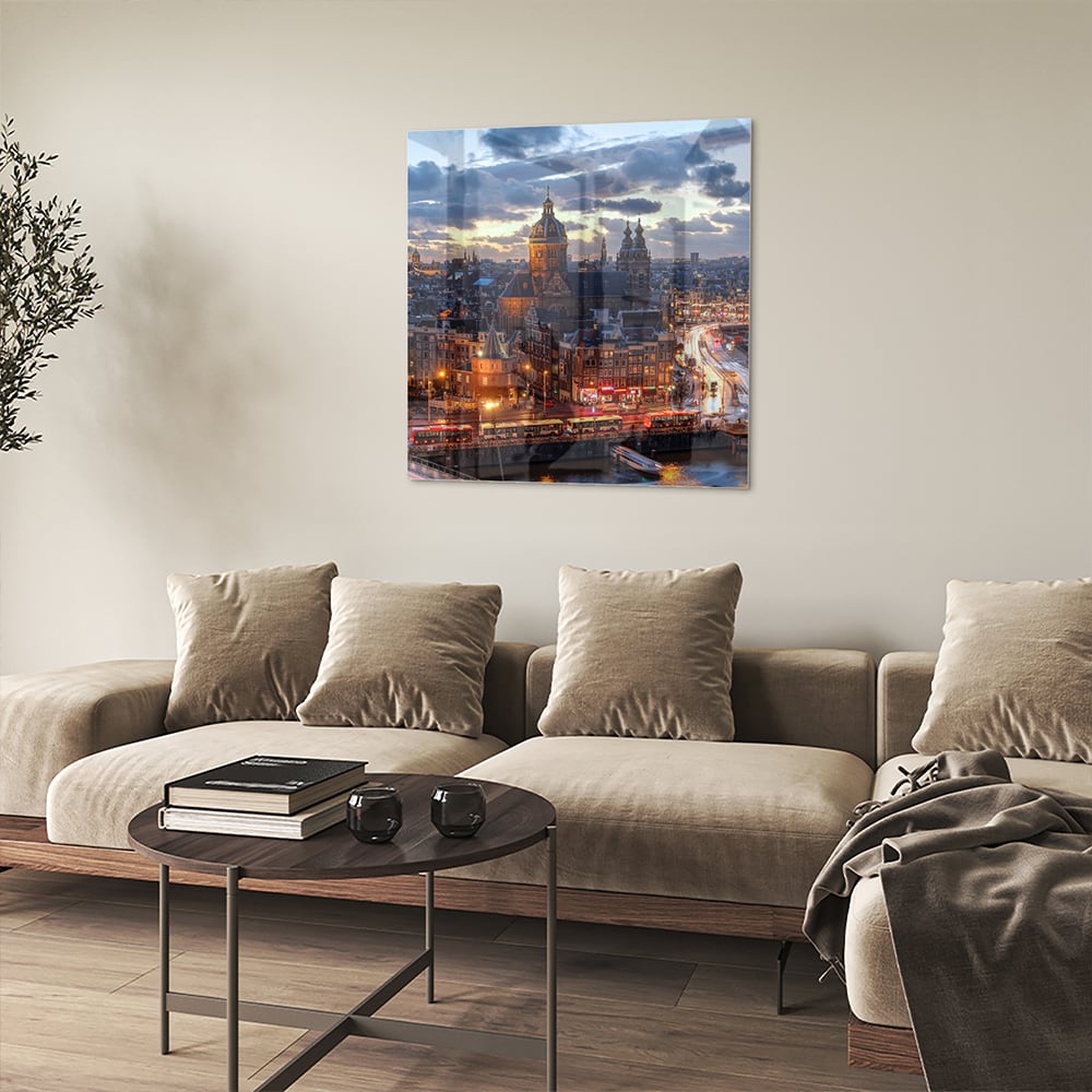 Stimmungsvolles Glasbild mit urbaner Landschaft – Glasbild aus Sicherheitsglas, Größe 90x90_rond