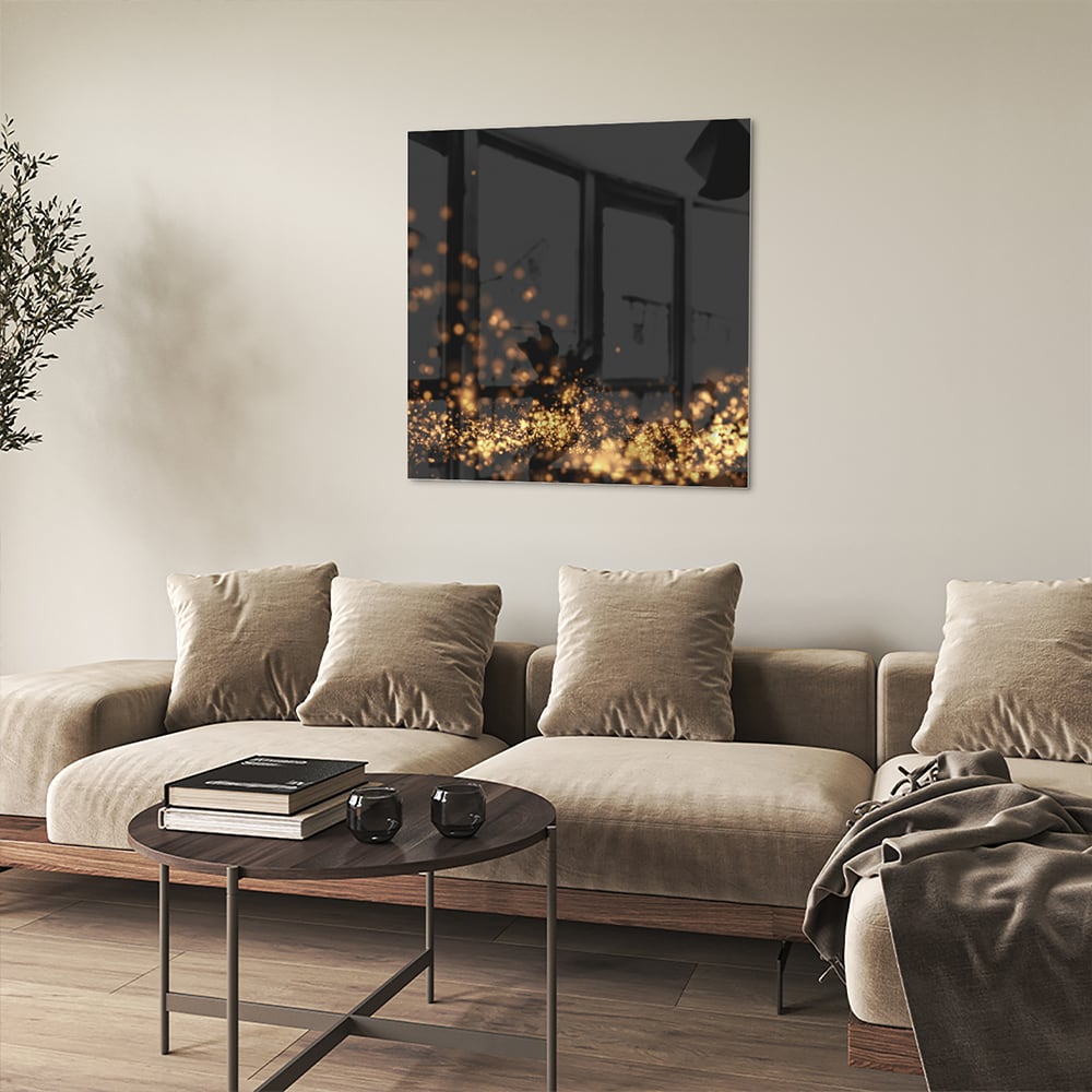 Glasbild mit goldenen Lichtpunkten auf schwarzem Hintergrund – Glasbild aus Sicherheitsglas, Größe 90x90_rond