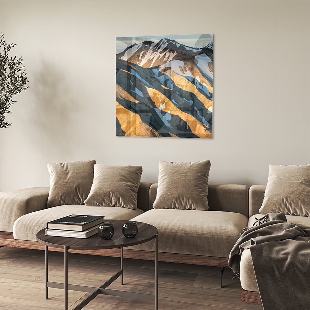 Glasbild mit Bergen und sanften Farben – Glasbild aus Sicherheitsglas, Größe 90x90_rond