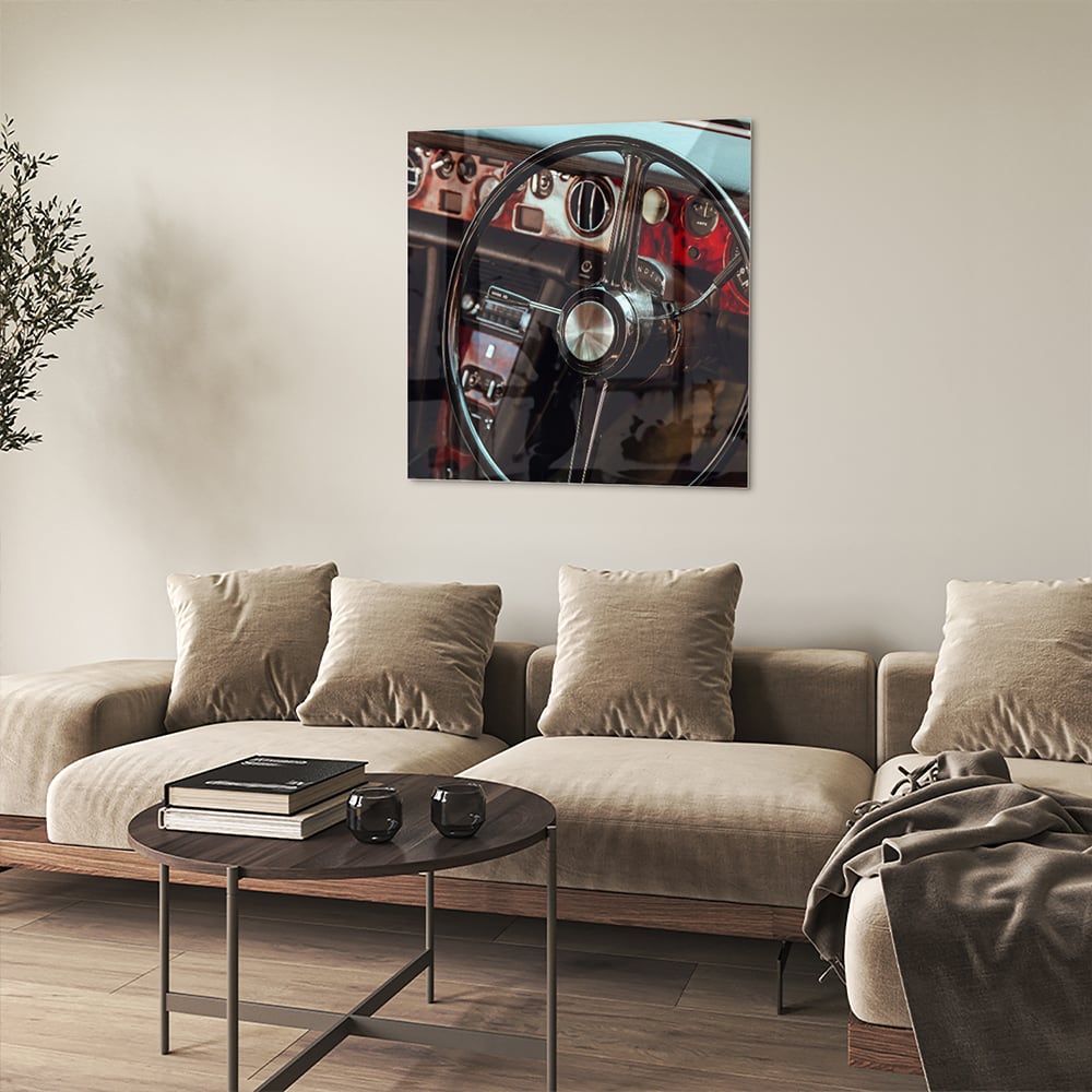 Retro-Auto-Glasbild mit Armaturenbrett für Liebhaber – Glasbild aus Sicherheitsglas, Größe 90x90_rond