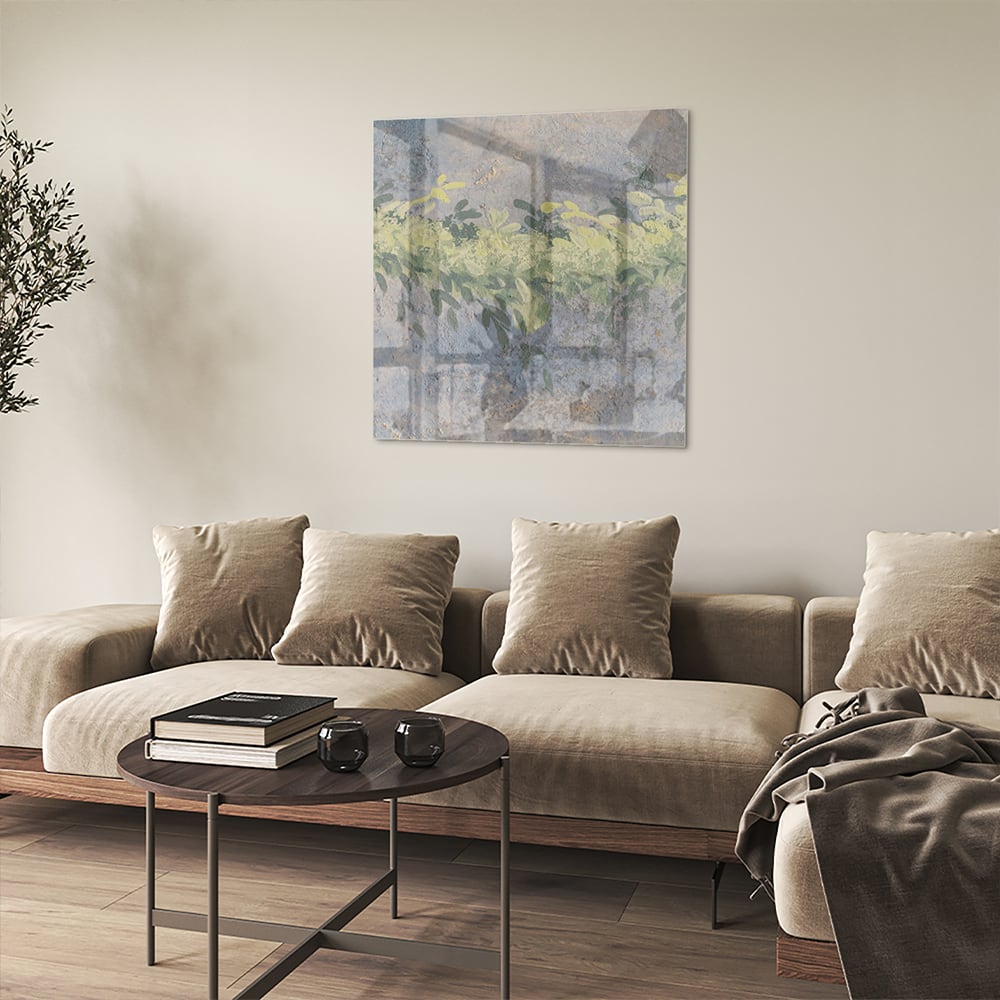 Fröhliches Glasbild mit gelben Blumen – Glasbild aus Sicherheitsglas, Größe 90x90_rond