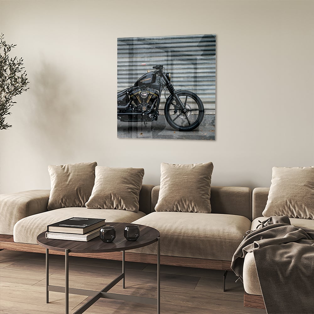 Stilvolles Glasbild mit einem Motorrad – Glasbild aus Sicherheitsglas, Größe 90x90_rond
