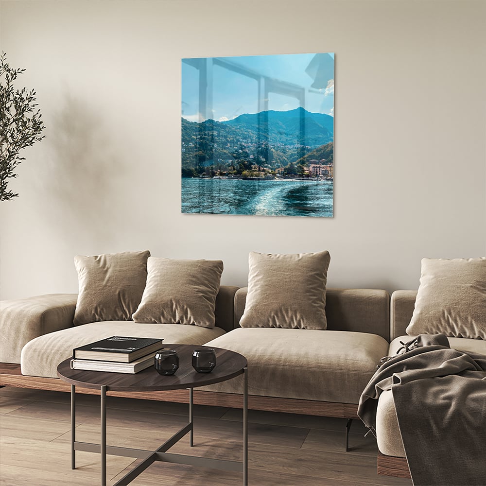 Atemberaubendes Glasbild mit Berglandschaft – Glasbild aus Sicherheitsglas, Größe 90x90_rond
