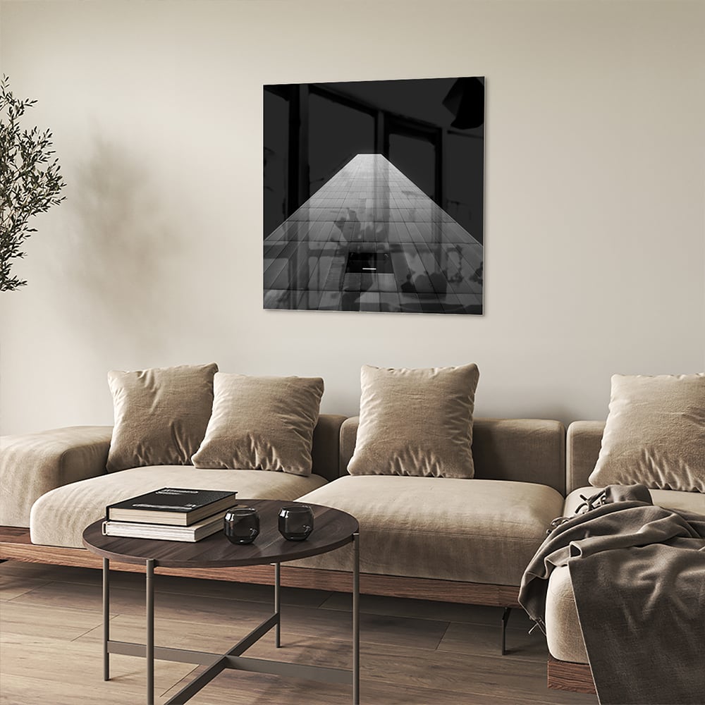 Minimalistisches Glasbild mit Lichteinfall – Glasbild aus Sicherheitsglas, Größe 90x90_rond